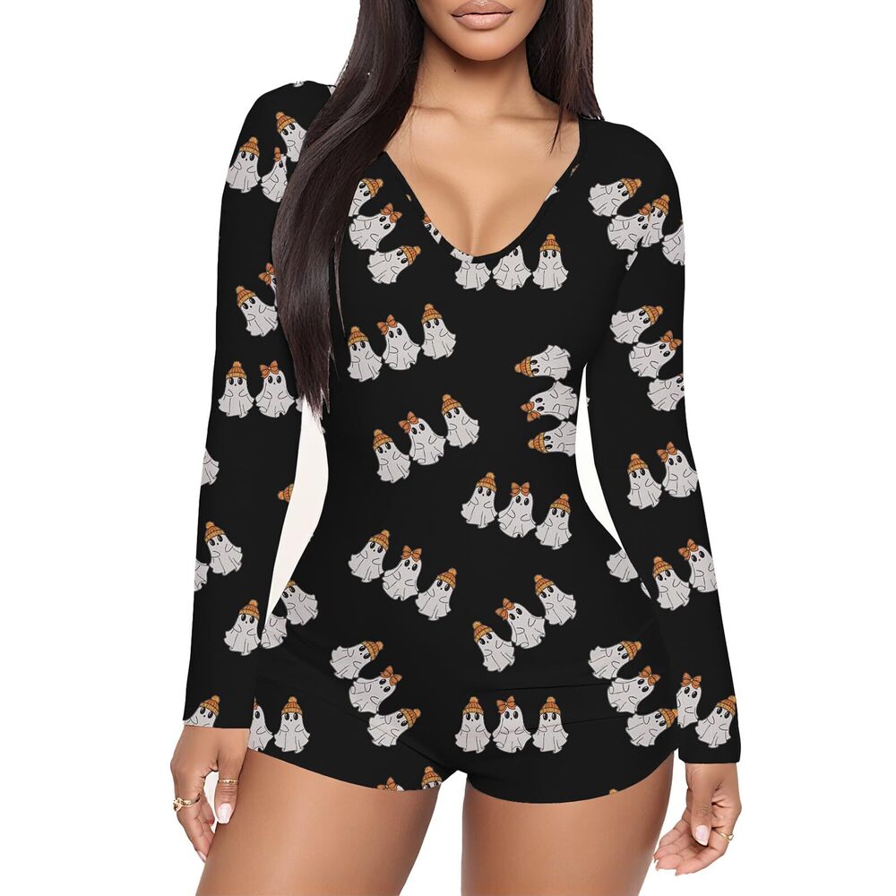 7305 Halloween Romper Pajamas V Neck Long Sleeve Bodycon Shorts Jumpsuits